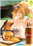  1girl :q absurdres animal_ears arknights arm_up bag blonde_hair brand_name_imitation breasts choker cleavage collarbone cup day disposable_cup drinking_straw duffel_bag eyewear_on_head fast_food food french_fries hamburger highres large_breasts lion_ears long_hair meowster ponytail restaurant siege_(arknights) sitting sleeveless solo sparkle sunglasses tank_top ticket tongue tongue_out tray tying_hair yellow_eyes zipper 