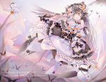  1girl ;o absurdres arrow bad_proportions bird black_hair bug butterfly cloud day detached_sleeves dress highres huge_filesize insect long_hair multicolored_hair one_eye_closed outdoors penguin pointy_ears thighhighs two-tone_hair very_long_hair watermark web_address white_hair white_legwear white_wings wings yangzhi_yar 