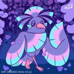  bird bird_focus black_eyes blush character_name commentary creature english_commentary full_body gen_7_pokemon looking_at_viewer no_humans number oricorio petals pokemon pokemon_(creature) pokemon_number purple_theme solo standing tonestarr 