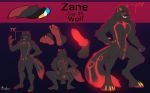  absurd_res anthro balls black_body black_fur canid canine canis digital_media_(artwork) digitigrade fur genitals hazakyaracely hi_res knot male mammal model_sheet open_mouth smile solo teeth tongue wolf zane_(t-thewolf) 