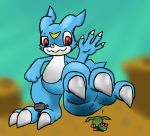  agumon arthropod black_body blackagumon blue_body blush claws digimon digimon_(species) dimentiodestoryer dinosaur eyebrows feet feral green_body hi_res insect larger_feral macro male micro red_eyes reptile scalie size_difference stomping toe_claws veemon wormmon 
