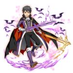  1boy :d alternate_eye_color belt belt_buckle black_cape black_hair black_pants boots buckle cape dual_wielding full_body gloves halloween halloween_costume highres holding holding_sword holding_weapon kirito knee_boots long_sleeves male_focus official_art open_mouth pants purple_coat purple_footwear red_eyes shiny shiny_hair smile solo sword sword_art_online vampire weapon white_belt white_gloves 