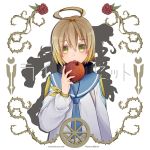  1boy ahoge bangs blonde_hair blue_neckwear blue_sailor_collar bow character_name dress eyebrows_visible_through_hair food fruit green_eyes hair_between_eyes holding holding_food holding_fruit laphicet_(tales) long_sleeves monicanc red_apple sailor_collar sailor_dress short_hair solo tales_of_(series) tales_of_berseria twitter_username upper_body velvet_crowe white_background white_dress yellow_bow 