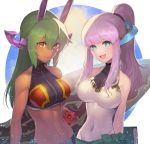  2girls bangs bare_shoulders blush book breasts brown_eyes can collarbone commentary_request eyebrows_visible_through_hair green_eyes green_hair green_ribbon hair_ornament holding holding_book holding_can large_breasts long_hair multiple_girls nkmr8 open_mouth pink_hair ponytail puzzle_&amp;_dragons ribbon swimsuit tongue tongue_out upper_body white_swimsuit 
