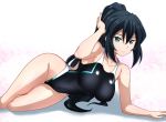  1girl arm_up bangs black_hair black_swimsuit breasts closed_mouth collarbone competition_swimsuit covered_navel green_eyes gundam gundam_build_divers_re:rise hair_between_eyes highleg highleg_swimsuit kenken large_breasts long_hair looking_at_viewer may_(gundam_build_divers_re:rise) one-piece_swimsuit ponytail simple_background solo swimsuit very_long_hair 