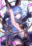  1girl animal_ears arm_up armpits backless_outfit bangs bare_back black_gloves blue_hair breasts brown_eyes bunny_ears closed_mouth erune ferry_(granblue_fantasy) gloves granblue_fantasy hair_between_eyes highres holding_whip jewelry lips looking_at_viewer nijimaarc sideboob sideless_outfit single_earring small_breasts solo thighhighs upper_body wavy_hair whip 