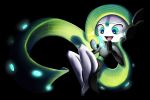  1girl :d black_background commentary creature english_commentary full_body gen_5_pokemon glowing green_eyes green_hair green_theme happy long_hair meloetta_aria_forme musical_note no_humans open_mouth pokemon pokemon_(creature) smile solo the_boogie 