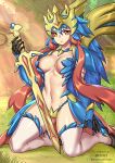  1girl artist_name blue_hair breasts commentary crown gauntlets giovanni_zaccaria holding kneeling large_breasts long_hair looking_at_viewer navel orange_eyes outdoors personification pokemon pokemon_(game) scales sword tagme watermark weapon web_address zacian 