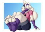  5_toes anthro bovid breasts caprine clothing cyborg-steve digital_media_(artwork) fan_character feet female fingerless_gloves foot_focus footwear fur gloves hair handwear hi_res humanoid_feet laugh mammal plantigrade sheep sheepgirl smile solo toes white_body white_hair 