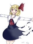  1girl ascot black_skirt blonde_hair blush collar collarbone cowboy_shot dated eyebrows_visible_through_hair fang frilled_collar frills hair_between_eyes hair_ribbon nintoku open_mouth outstretched_arms red_eyes ribbon rumia simple_background skirt smile solo torn_clothes touhou vest white_background 