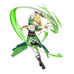  1girl arm_up bangs blonde_hair boots bracelet breasts brown_footwear bustier cape choker cleavage collarbone detached_sleeves floating_hair full_body green_cape green_eyes hair_between_eyes hair_ornament high_ponytail highres holding holding_sword holding_weapon jewelry knee_boots large_breasts leafa long_hair long_sleeves official_art open_mouth pointy_ears shorts solo standing sword sword_art_online thigh_gap thighhighs very_long_hair waist_cape weapon white_legwear white_shorts white_sleeves 
