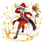  1boy bag bell black_eyes black_footwear black_hair boots closed_mouth coat fur-trimmed_coat fur-trimmed_headwear fur_trim gift_bag gloves hat highres holding holding_bag kirito knee_boots long_sleeves looking_at_viewer male_focus official_art pants red_coat red_headwear red_pants santa_costume santa_hat shiny shiny_hair smile solo sword_art_online white_gloves 