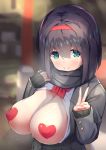  1girl aianchor aqua_eyes black_hair black_scarf breasts cleavage covered_nipples exhibitionism heart_pasties jacket large_breasts open_clothes open_jacket open_shirt oppai_challenge original pasties scarf school_uniform smile solo v 