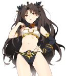  1girl armlet asymmetrical_sleeves bare_shoulders black_bikini_bottom black_bow black_hair bow breasts cleavage detached_collar detached_sleeves fate/grand_order fate_(series) gold_trim hair_bow hand_on_hip ishtar_(fate)_(all) ishtar_(fate/grand_order) long_hair looking_at_viewer navel red_eyes sanae_(satansanae) simple_background single_detached_sleeve small_breasts solo tiara two_side_up white_background white_bikini_top 