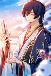  2020 blurry blurry_background blurry_foreground brown_hair closed_mouth code_geass earrings hair_between_eyes happy_new_year highres japanese_clothes jewelry kimono kubird_meme lelouch_lamperouge long_sleeves new_year purple_eyes shiny shiny_hair signature smile white_kimono 