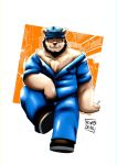  2019 absurd_res anthro bottomwear brown_body brown_fur clothing eyes_closed eyewear fur glasses hat headgear headwear hi_res kenobear love_mechanic male mammal overweight overweight_male pants shirt solo tom_(lm) topwear ursid 