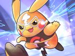  black_eyes commentary_request cosplay_pikachu creature electricity full_body furrowed_eyebrows gen_1_pokemon highres jumping no_humans ohdon pikachu pikachu_libre pokemon pokemon_(creature) purple_background solo 