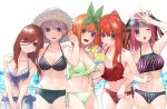  5girls :d ;o bare_shoulders bikini black_bikini blue_bikini blue_eyes blush breasts brown_hair butterfly_hair_ornament cleavage collarbone commentary_request cowboy_shot cup drinking drinking_straw frilled_bikini frills go-toubun_no_hanayome green_bikini hair_between_eyes hair_ornament hair_ribbon haruba_negi head_tilt highres holding holding_cup large_breasts long_hair looking_at_viewer midriff multiple_girls nakano_ichika nakano_itsuki nakano_miku nakano_nino nakano_yotsuba navel official_art one_eye_closed open_mouth orange_hair pink_hair ponytail red_bikini red_hair ribbon short_hair simple_background smile star star_hair_ornament sunglasses swimsuit v white_background 