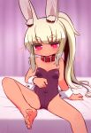  1girl animal_ear_fluff animal_ears bangs bare_legs bare_shoulders barefoot bed_sheet blurry blurry_background blush breasts bunny_ears closed_mouth collar commentary_request covered_navel curtains depth_of_field eyebrows_visible_through_hair foot_up groin heart heart-shaped_pupils heavy_breathing highres leotard light_brown_hair long_hair looking_at_viewer masurao_(sekaiju) naga_u ponytail purple_leotard red_collar sekaiju_no_meikyuu sekaiju_no_meikyuu_5 short_eyebrows sitting small_breasts smile solo strapless strapless_leotard symbol-shaped_pupils thick_eyebrows very_long_hair wrist_cuffs 