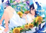  achiki blue_eyes blue_hair bubbles dress flowers hat original scan short_hair sunflower 