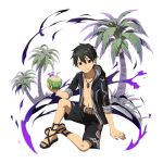  1boy arm_support belt belt_buckle black_eyes black_hair black_jacket black_shorts brown_belt buckle closed_mouth collarbone drinking_straw full_body hair_between_eyes highres holding hood hood_down hooded_jacket jacket jewelry kirito_(sao-alo) male_focus necklace official_art open_clothes open_jacket palm_tree pointy_ears shiny shiny_hair shorts sitting smile solo sword_art_online tree 