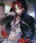  1boy absurdres bandaged_hands bandages bandaid bandaid_on_face blue_eyes boxer boxing_gloves closed_mouth covered_navel earrings facial_scar highres hood hood_up indoors jewelry male_focus medal muscle original panza punching_bag red_hair scar single_earring solo sweat 