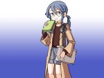  1girl adrian_ferrer alternate_costume bag bespectacled blue_background blue_eyes blue_hair book brown_choker brown_coat brown_sweater choker coat commentary cowboy_shot english_commentary flat_chest glasses gotland_(kantai_collection) gradient gradient_background grey_shorts kantai_collection long_hair looking_at_viewer mole mole_under_eye shorts solo standing sweater 