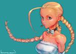  1girl blonde_hair blue_eyes braid cammy_white closed_mouth dress earrings jewelry kuroneco long_hair looking_at_viewer simple_background solo street_fighter street_fighter_ii_(series) twin_braids white_dress 