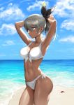  1girl abs armpits arms_up beach bikini blue_eyes blue_sky blush breasts cleavage cloud collarbone commentary_request dark_skin day front-tie_bikini front-tie_top greem_bang grey_hair hair_between_eyes hair_ribbon highres holding holding_hair looking_afar medium_breasts navel ocean outdoors pokemon pokemon_(game) pokemon_swsh ribbon saitou_(pokemon) sand short_hair sky solo stomach swimsuit thighs toned wet white_bikini 