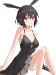  1girl bangs bare_shoulders black_hair blush breasts cleavage closed_mouth collarbone elfenlied22 fate/grand_order fate_(series) hair_between_eyes head_wings highres knees_up large_breasts looking_at_viewer ortlinde_(fate/grand_order) red_eyes short_hair simple_background sitting smile solo valkyrie_(fate/grand_order) white_background 