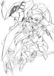  1girl commentary_request elbow_gloves full_body gloves graphite_(medium) gun headgear high_ponytail highres kumichou_(ef65-1118-ef81-95) long_hair mecha mecha_musume open_mouth original shoulder_armor sketch stance sword traditional_media very_long_hair weapon white_background 