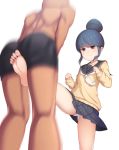  bangs barefoot black_shorts blue_hair clenched_hands crotch_kick hair_bun masou motion_lines panties pantyshot pantyshot_(standing) purple_eyes school_uniform serafuku shima_rin shorts soles standing swept_bangs toes underwear wavy_mouth white_background yurucamp 