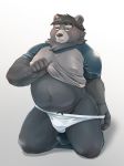  00makumakuma00 2020 anthro balck_fur belly bulge clothing hi_res humanoid_hands kemono male mammal overweight overweight_male shirt simple_background solo topwear underwear undressing ursid 