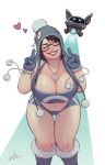  1girl 2018 bangs beanie belly black-framed_eyewear blue_bra blue_gloves blue_headwear blush boots bra breasts brown_eyes brown_hair cleavage devilhs double_v drone glasses gloves hat heart highres huge_breasts jewelry knee_boots knees_together_feet_apart leaning_forward lips mei_(overwatch) muffin_top navel necklace nose_blush one_eye_closed overwatch pendant plump short_shorts shorts signature snowball_(overwatch) snowflake_ornament solo_focus sports_bra swept_bangs thigh_gap underwear v 