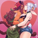  2girls animal_ears ass_grab backwards_hat baseball_cap black_bra blue_lipstick borrowed_character bra bracelet breasts brown_hair bunny_ears bunny_tail choker closed_eyes commentary crossover dark_skin english_commentary eymbee fingernails freckles french_kiss frottage green_hair hat highres jackalope jackaye_(eymbee) jewelry kiss large_breasts lips lipstick long_fingernails long_tail makeup multicolored_hair multiple_girls necklace nose_piercing nose_ring original overalls piercing pink_hair prehensile_tail rex_(pixiepowderpuff) ring shirtless shorts silver_hair streaked_hair tail thick_eyebrows underwear updo yuri 