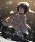  1girl aito black_hair breasts christmas closed_mouth commentary_request fate/grand_order fate_(series) hat highres looking_at_viewer ortlinde_(fate/grand_order) pantyhose red_eyes short_hair smile solo valkyrie_(fate/grand_order) 