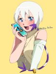  1girl absurdres blue_eyes blush breasts cellphone commentary_request digimon digimon_adventure_02 fusion highres looking_at_viewer open_mouth personification phone shirt short_hair simple_background sleeveless smile solo sweater tailmon turtleneck turtleneck_sweater yagami_hikari 