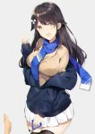  1girl alternate_costume azur_lane black_hair black_legwear blur blush breasts brown_eyes casual choukai_(azur_lane) commentary commentary_request dog flower hair_flower hair_ornament highres jacket leash long_hair off_shoulder pleated_skirt ribbed_sweater scarf sdustz skirt smile sweater thighhighs 