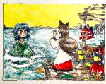  animal_ears blue_hair bow brown_hair cape coffee disembodied_head dress drying drying_clothes floating_head frilled_kimono frills grass_root_youkai_network green_kimono head_fins high_collar highres imaizumi_kagerou japanese_clothes kimono lake long_hair mermaid misty_lake monster_girl morinokirin morning pier red_cape red_hair sekibanki splashing tail touhou wakasagihime white_dress wide_sleeves wolf_ears wolf_tail 
