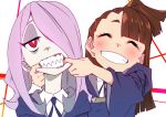  2girls bangs blue_neckwear blunt_bangs brown_hair closed_eyes collar commentary_request eyeshadow fingersmile forced_smile hair_over_one_eye half-closed_eyes kagari_atsuko kou_eno little_witch_academia long_hair luna_nova_school_uniform makeup multiple_girls purple_hair red_eyes school_uniform sharp_teeth smile sucy_manbavaran teeth upper_body white_background wide_sleeves 