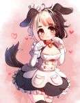  1girl :3 absurdres animal_ears bell bell_collar black_legwear blonde_hair breasts brown_hair collar dog_ears dog_girl dog_tail dress eyebrows_visible_through_hair hachiko_of_castling heart highres kosobin last_origin looking_at_viewer maid maid_headdress multicolored_hair paw_pose red_collar solo tail thighhighs two-tone_hair wrist_cuffs 