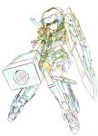  1girl aiming color_trace colored_pencil_(medium) commentary_request elbow_gloves frame_arms_girl gloves goggles goggles_on_head gourai gun headgear highres knife kumichou_(ef65-1118-ef81-95) mecha_musume panties rifle shield short_hair shoulder_cannon sketch sniper_rifle solo striped striped_panties thighhighs traditional_media underwear weapon white_background 