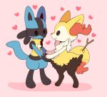  black_eyes braixen couple creature flufflixx full_body gen_4_pokemon gen_6_pokemon heart interspecies lucario no_humans pink_background pokemon pokemon_(creature) shadow simple_background smile spikes standing stick 