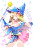  1girl absurdres bana_(stand_flower) bare_shoulders blonde_hair blush blush_stickers breasts choker cleavage dark_magician_girl detached_sleeves duel_monster green_eyes hat highres large_breasts long_hair looking_at_viewer open_mouth pentacle smile solo staff wizard_hat yuu-gi-ou yuu-gi-ou_duel_monsters 