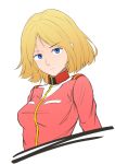  1girl blonde_hair blue_eyes breasts closed_mouth gundam highres looking_at_viewer military military_uniform mobile_suit_gundam sayla_mass short_hair simple_background solo uniform white_background 