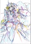  1girl breasts color_trace colored_pencil_(medium) elbow_gloves frame_arms_girl gloves gun headgear highres kumichou_(ef65-1118-ef81-95) long_hair looking_at_viewer low_twintails mecha_musume missile motion_blur open_mouth panties sideboob sketch skindentation smoke solo speed_lines striped striped_panties stylet thighhighs traditional_media twintails underwear weapon white_background 