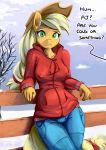  2020 anthro applejack_(mlp) clothed clothing dialogue digital_media_(artwork) english_text equid equine female fidzfox friendship_is_magic green_eyes hat headgear headwear hi_res looking_at_viewer mammal my_little_pony nipple_outline outside solo text winter 