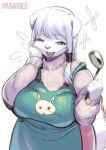  absurd_res anthro apron big_breasts breasts canid canine canis clothing curvy_figure domestic_dog female floppy_ears fur hair half-length_portrait hand_on_face happy hi_res holding_object kemono kitchen_utensils ladle looking_at_viewer magiace mammal one_eye_closed open_mouth portrait red_eyes slightly_chubby smile solo standing sweater tools topwear voluptuous white_body white_fur white_hair wink 