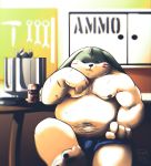  2020 anthro belly bulge clothing detailed_background digimon digimon_(species) gargomon hi_res humanoid_hands kenobear male moobs navel nipples overweight overweight_male scar sitting solo underwear 