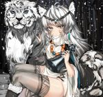  absurdres animal_ear_fluff animal_ears animal_print arknights bead_necklace beads braid fur_trim grey_eyes highres holding_bell holding_own_tail jewelry kanniepan leopard_ears leopard_girl leopard_print leopard_tail necklace pramanix_(arknights) side_braids tail thighhighs turtleneck turtleneck_dress twin_braids 